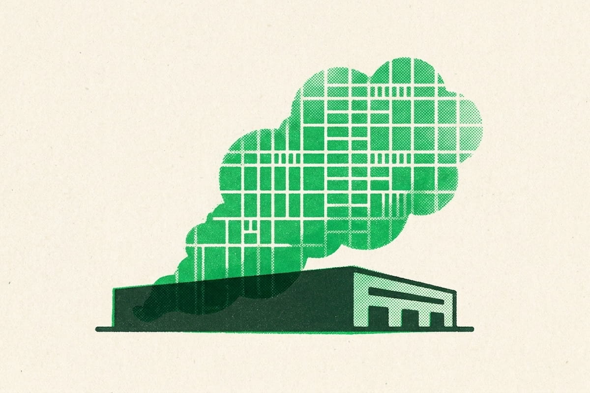 Illustration of a data center building with a green cloud of smoke rising from it, patterned like a city grid map.