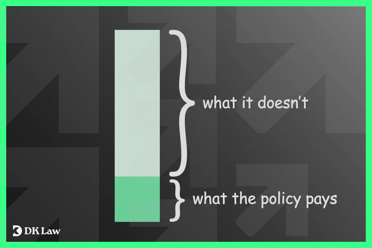 Bar chart graphic showing a small green segment labeled "what the policy pays" beneath a much larger gray segment labeled "what it doesn't."