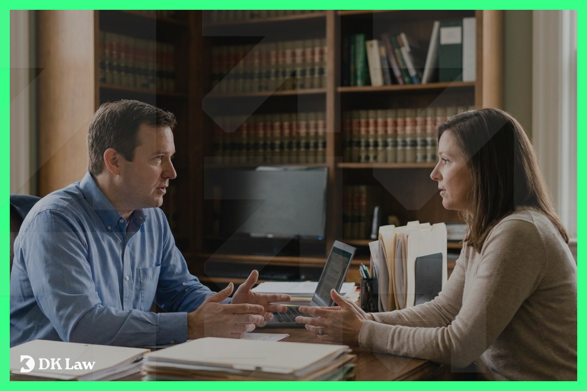 An attorney in a blue button-down shirt speaks with a client seated across a desk in a law office, with law books and case files visible in the background.