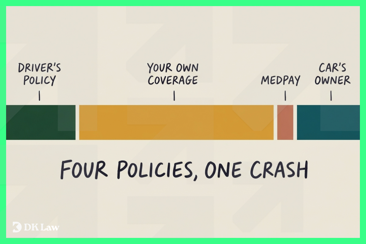 A four-segment bar chart labeled "Four Policies, One Crash," showing driver's policy, your own coverage, MedPay, and car owner's coverage as separate sources of recovery.