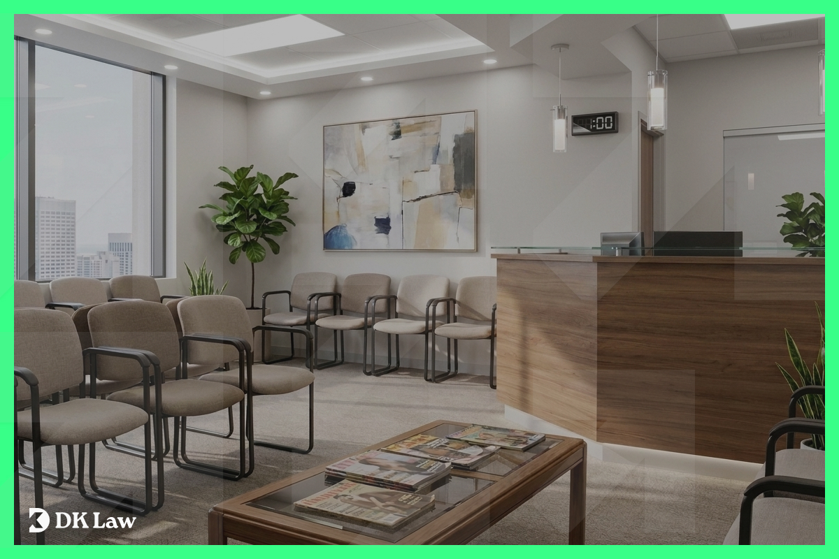 Empty medical office waiting room with rows of chairs, a reception desk, and city view through the window.