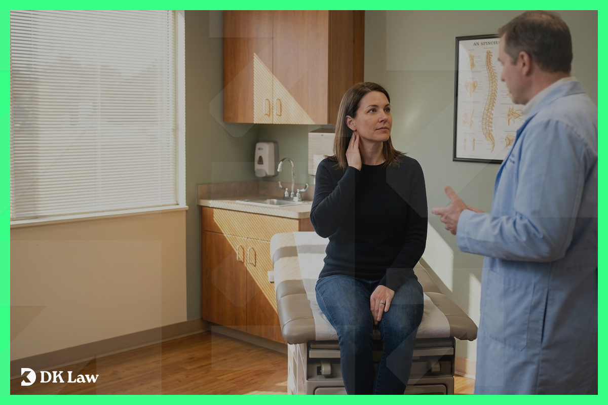 Woman holding her neck in pain while speaking with a doctor in an exam room.