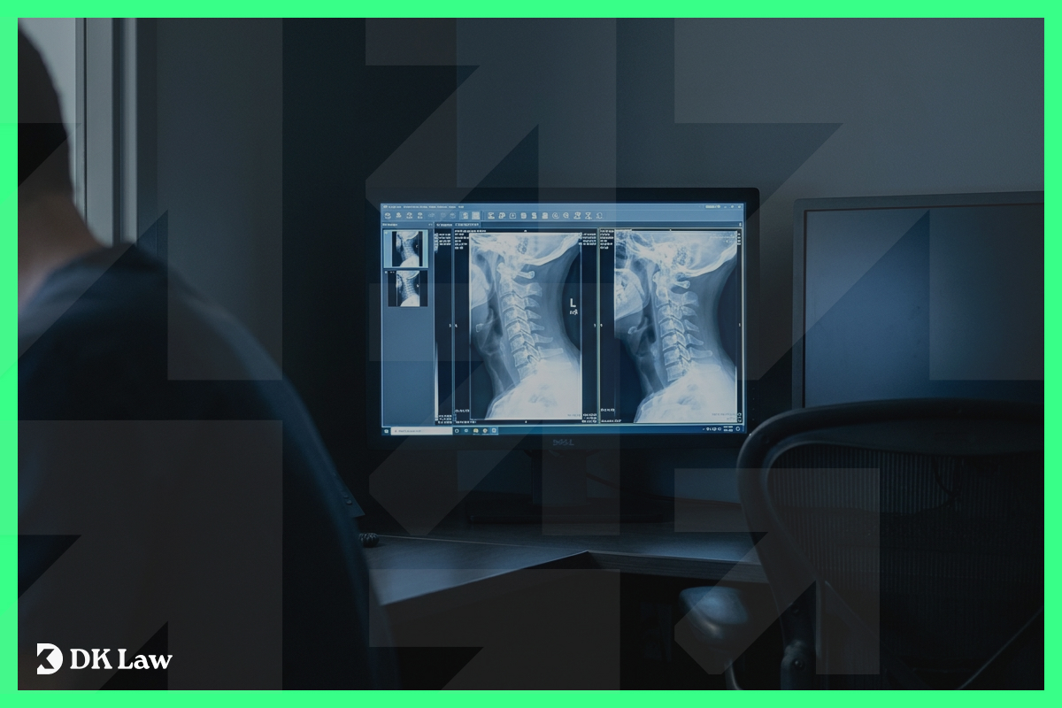 Doctor viewing neck and spine X-ray images on a computer monitor.