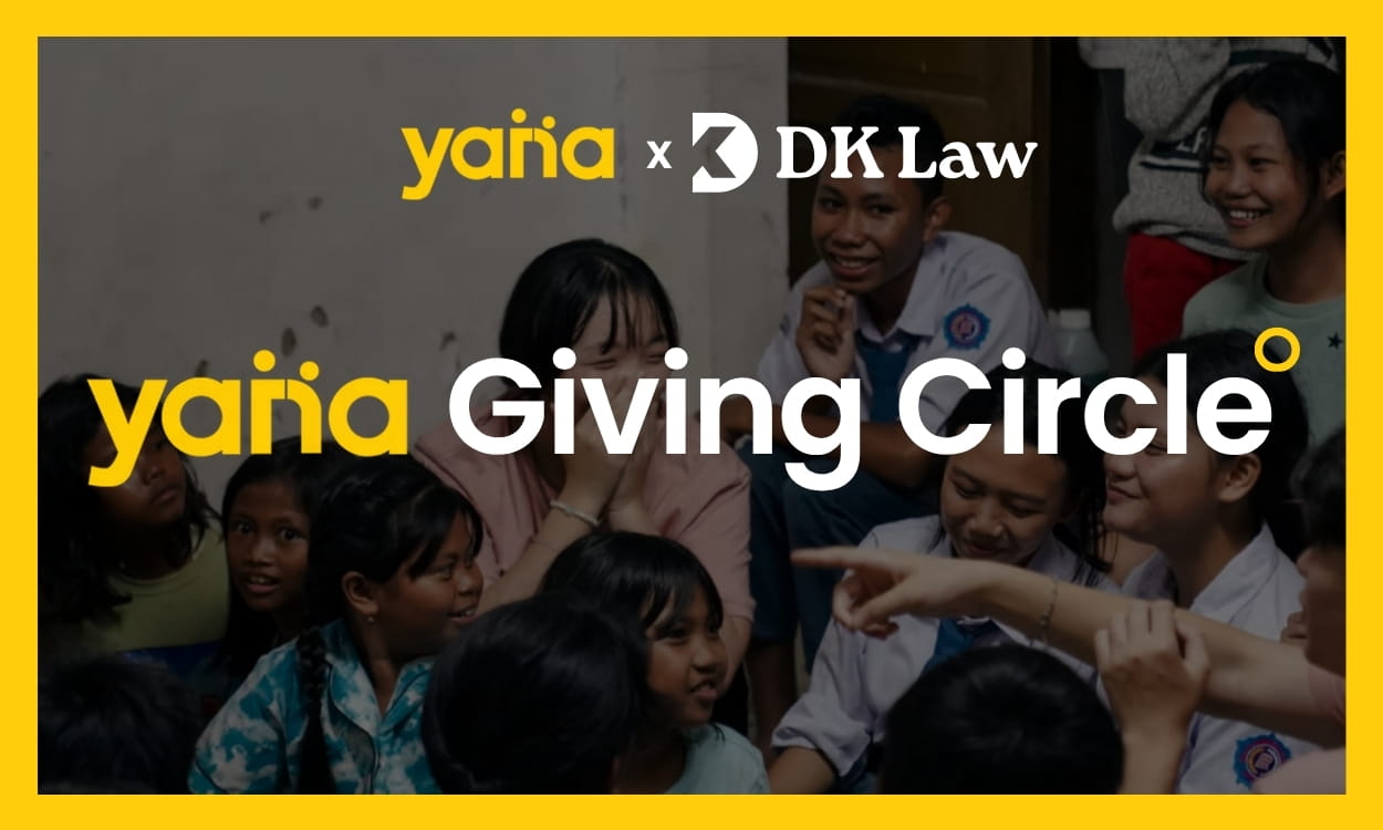 Yana Giving Circle graphic featuring the Yana and DK Law logos over a photo of smiling children gathered together.