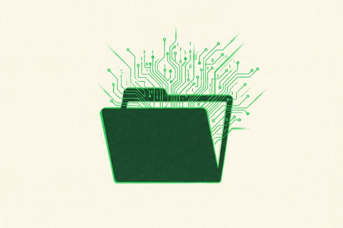 Illustration of a folder with circuit board patterns emerging from it, representing AI and legal files.