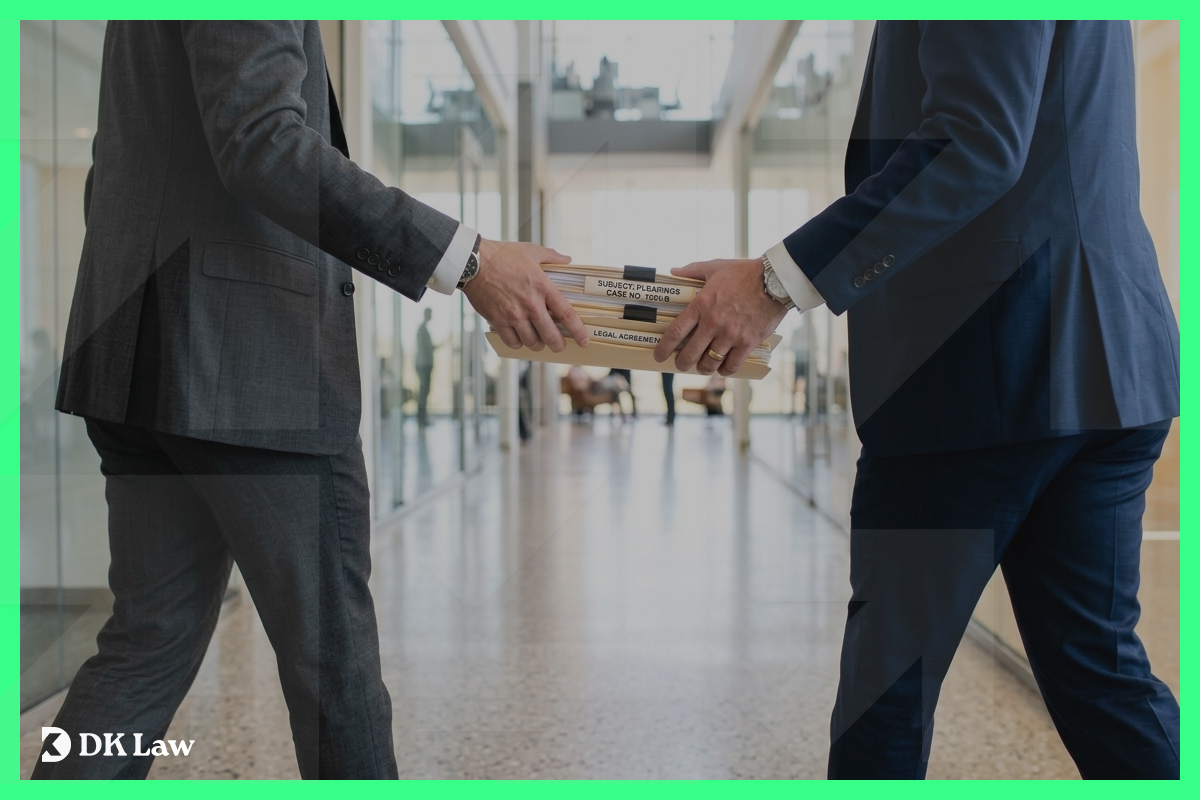 Two attorneys exchanging legal case files in a hallway