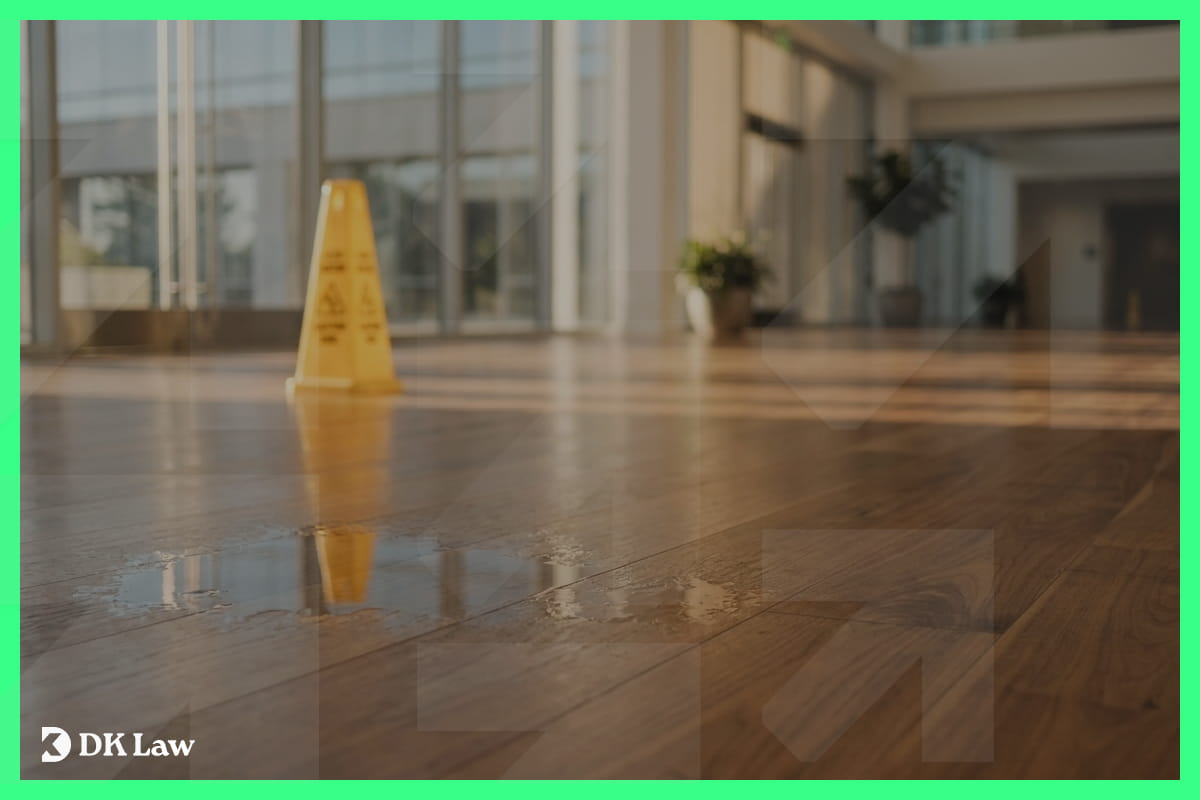 Wet floor with a yellow caution sign in a building lobby