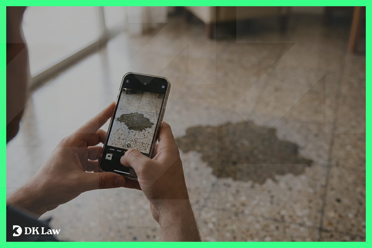 Person taking a photo of a spill on the floor with a smartphone
