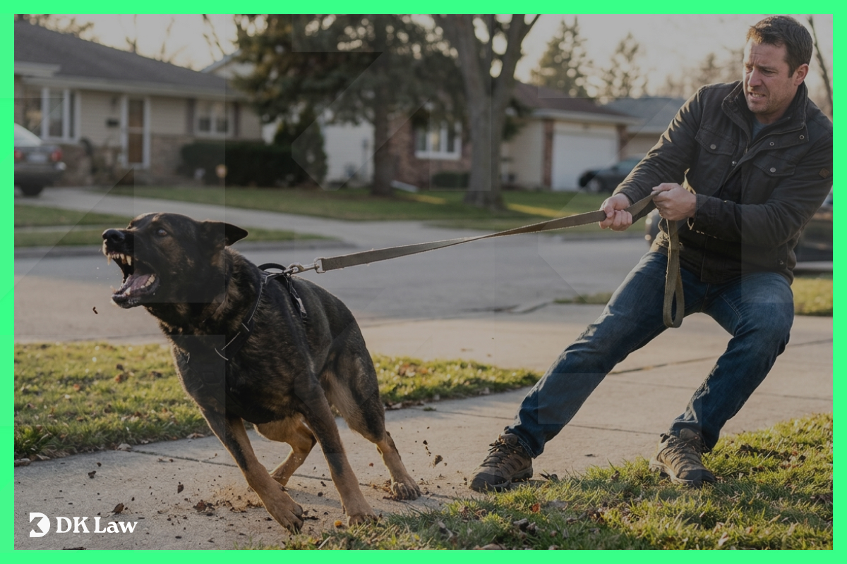 Man straining to hold back an aggressive dog on a leash outside a home