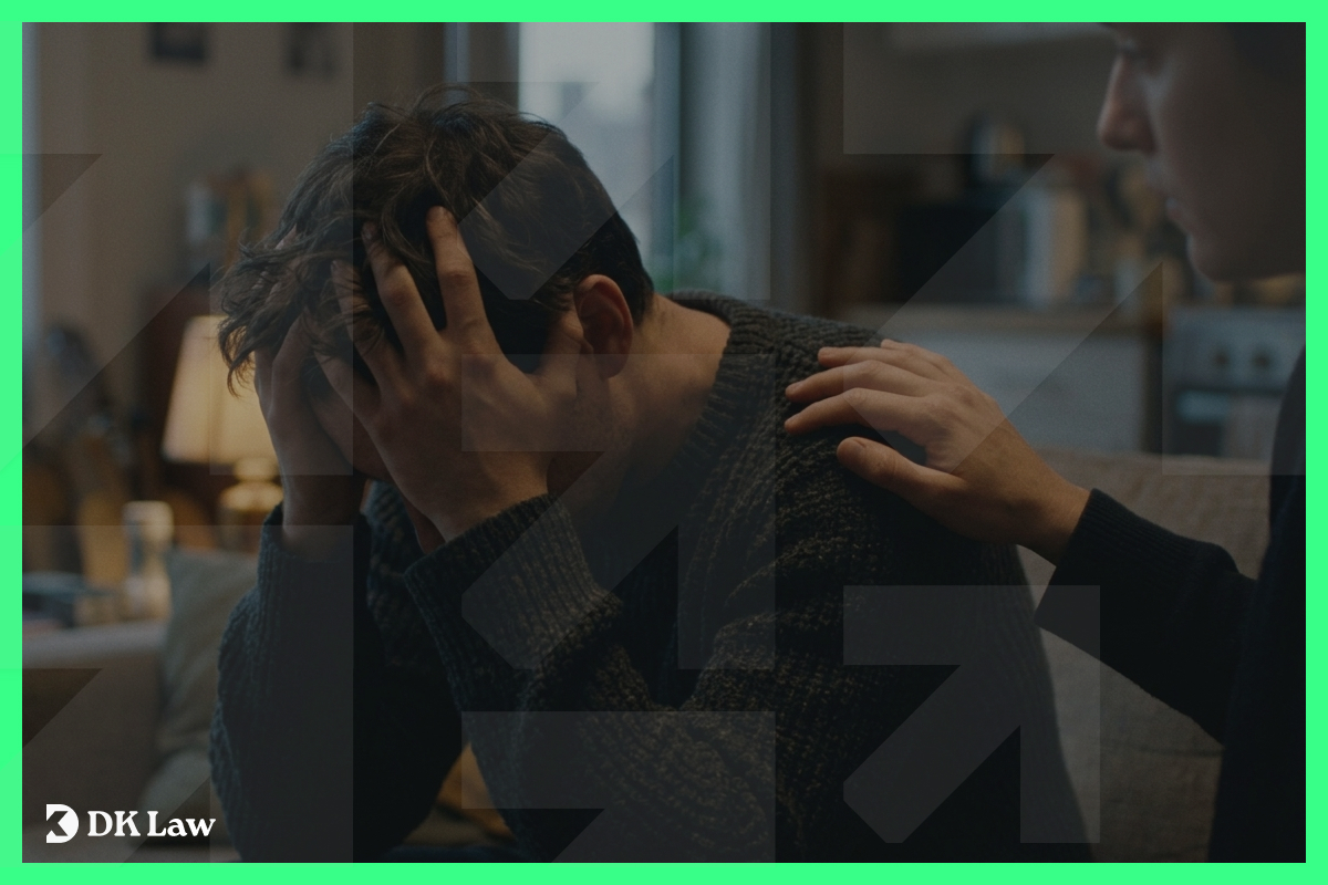 Person holding their head in distress while someone comforts them with a hand on their shoulder