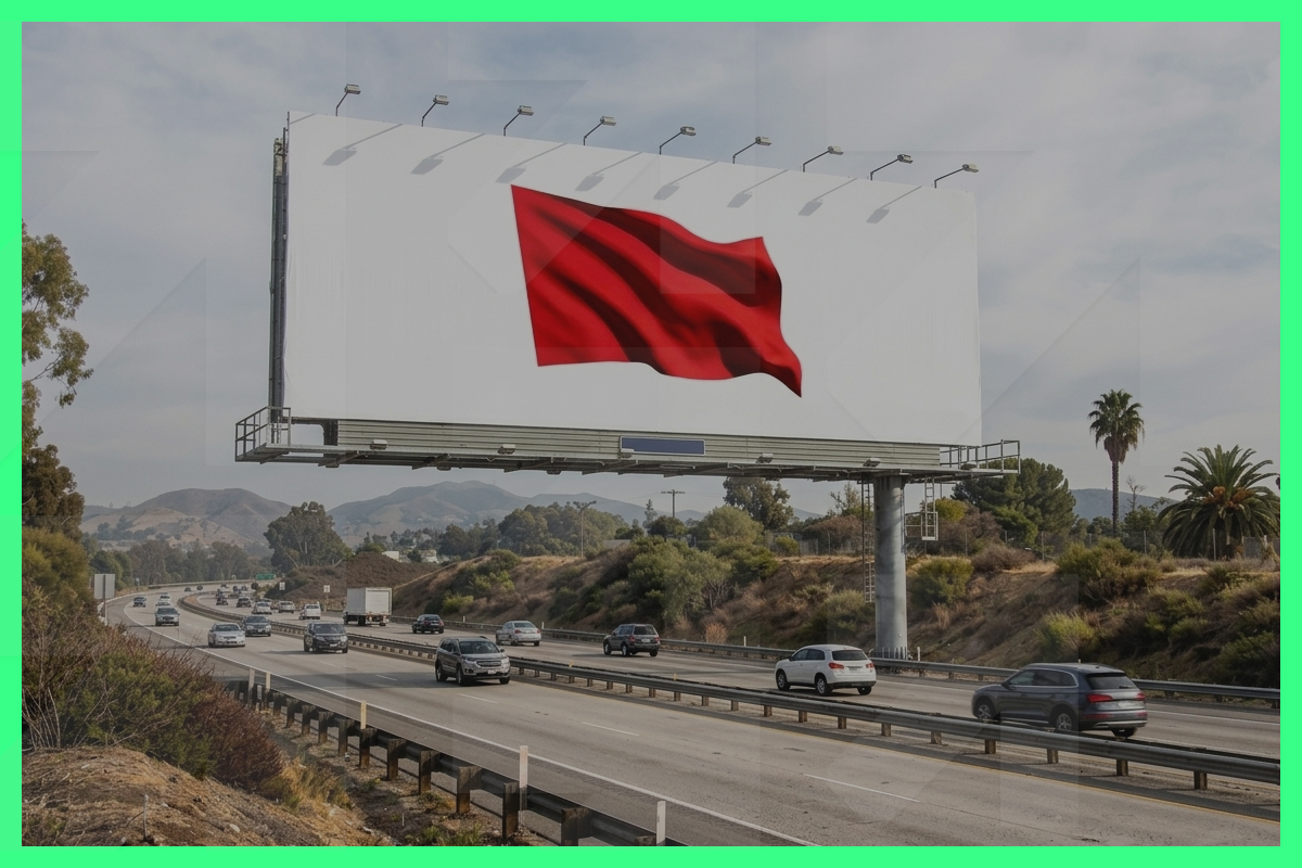 Billboard with a red flag graphic above a busy California freeway